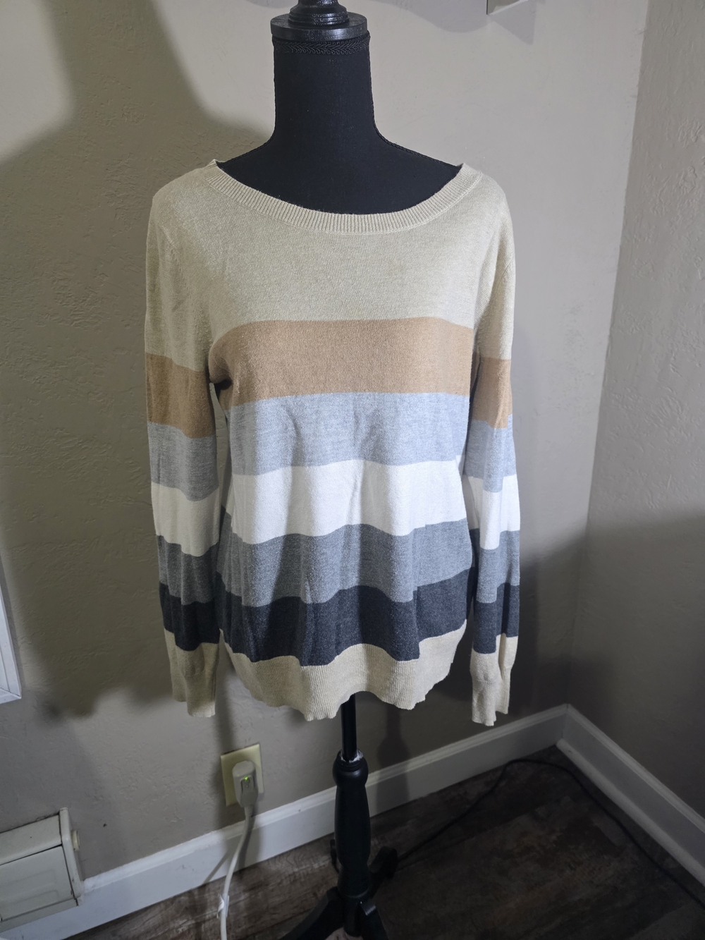 Liz Claiborne Neutral Striped Crewneck Sweater — Beige, Tan, Gray, White, Black
